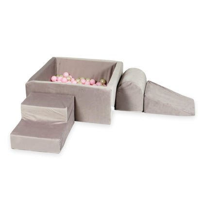 Ensemble de jeu en mousse avec piscine carrée 90x90x40 velours lila avec balles 400 pièces (or clair, rose clair)