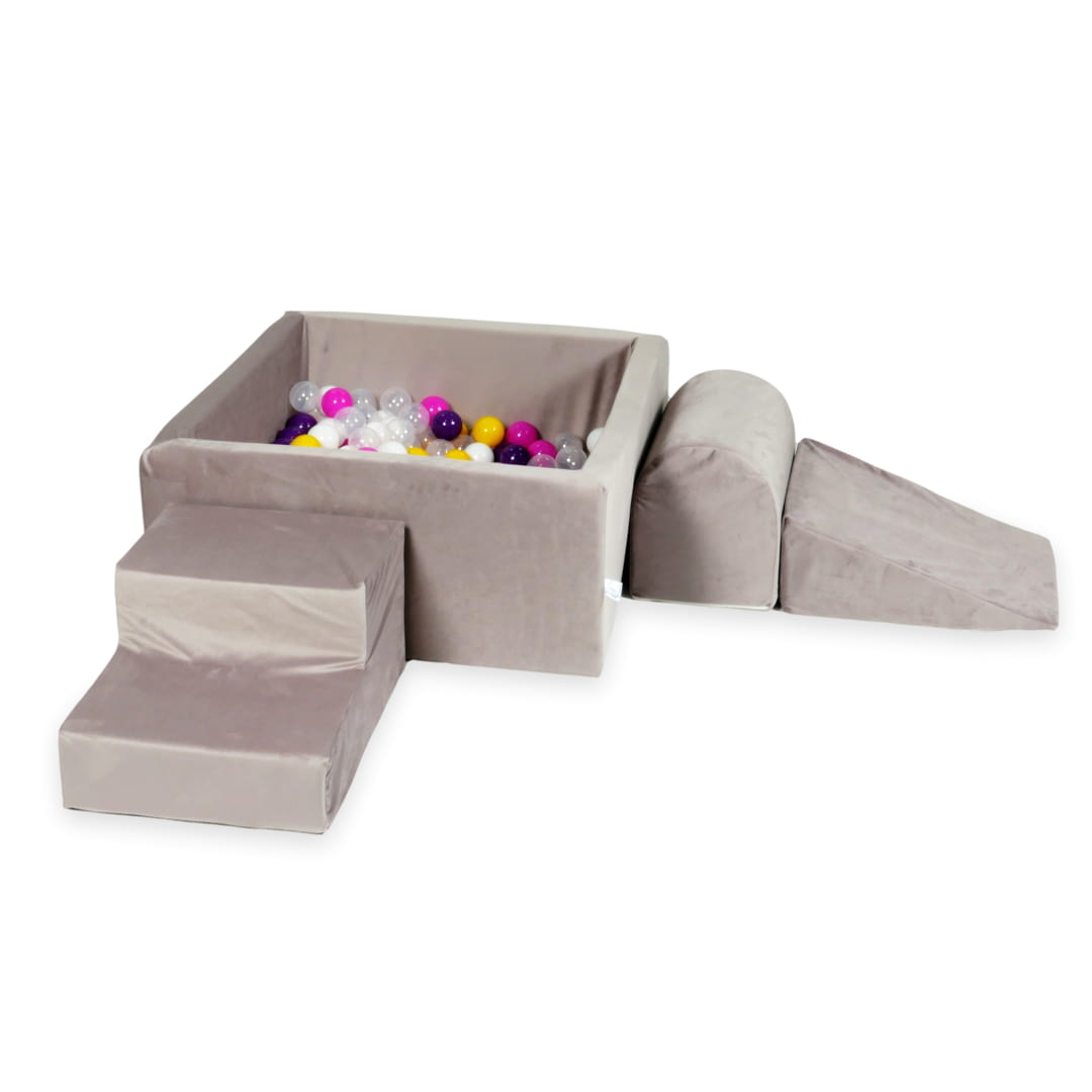 Ensemble de jeu en mousse avec piscine carrée 90x90x40 velours lila avec balles 400 pcs (violet, rose, jaune, blanc, transparent)
