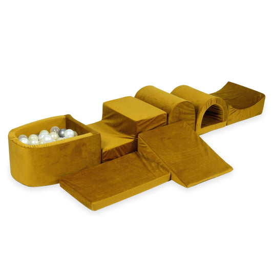 Aire de jeu en mousse avec micro piscine velours doré avec boules 100 pièces (or clair, perle, argent, transparent)
