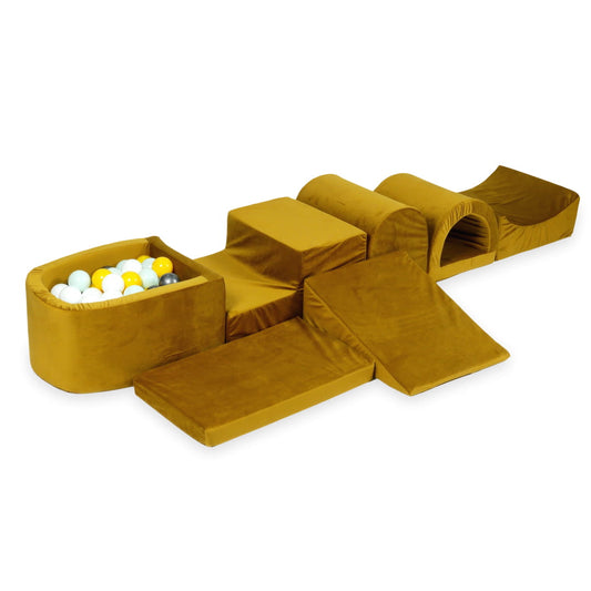 Aire de jeu en mousse avec micro piscine velours doré avec balles 100 pièces (jaune, menthe clair, graphite métallique, blanc)