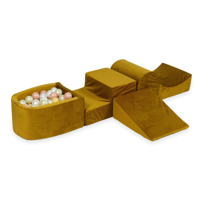 Ensemble de jeu en mousse avec colline et micro-piscine velours doré avec boules 100 pièces (or clair, beige, perle, or rose)
