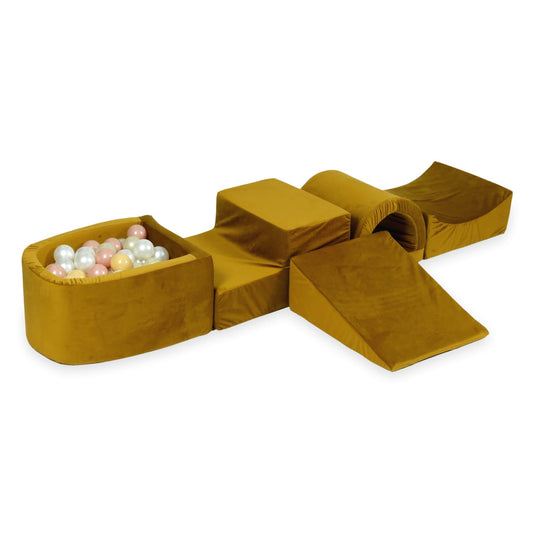 Ensemble de jeu en mousse avec pont et micro piscine velours doré avec boules 100 pièces (or clair, beige, perle, or rose)