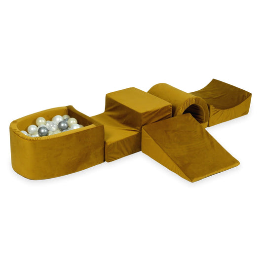 Ensemble de jeu en mousse avec pont et micro piscine velours doré avec boules 100 pièces (or clair, perle, argent, transparent)