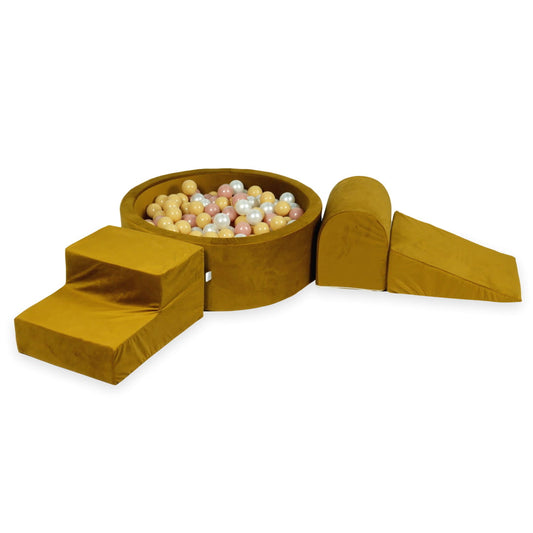 Ensemble de jeu en mousse avec piscine ronde 90x30 velours doré avec boules 200 pièces (or clair, beige, perle, or rose)