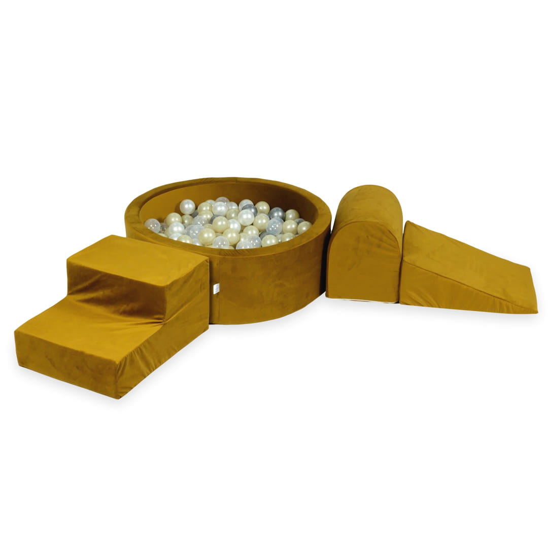 Ensemble de jeu en mousse avec piscine ronde 90x30 velours doré avec boules 200 pièces (or clair, perle, argent, transparent)