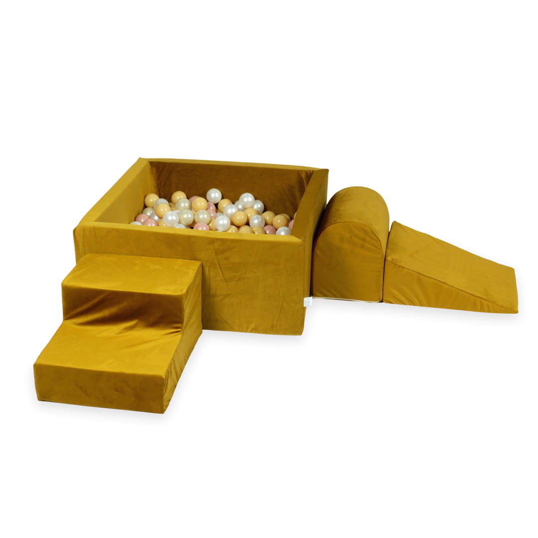 Ensemble de jeu en mousse avec piscine carrée 90x90x40 velours doré avec boules 400 pièces (or clair, beige, perle, or rose)