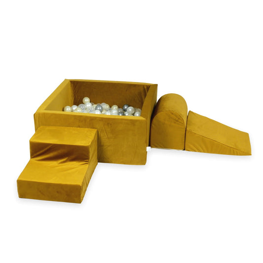 Ensemble de jeu en mousse avec piscine carrée 90x90x40 velours doré avec boules 400 pcs (or clair, perle, argent, transparent)