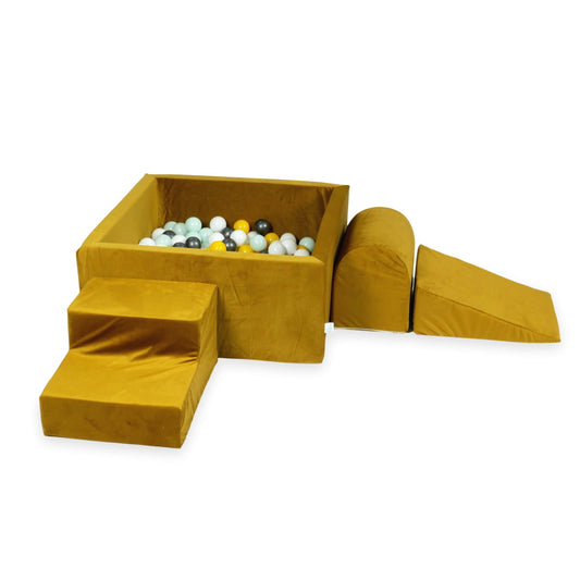 Ensemble de jeu en mousse avec piscine carrée 90x90x40 velours doré avec boules 400 pièces (jaune, menthe clair, graphite métallisé, blanc)