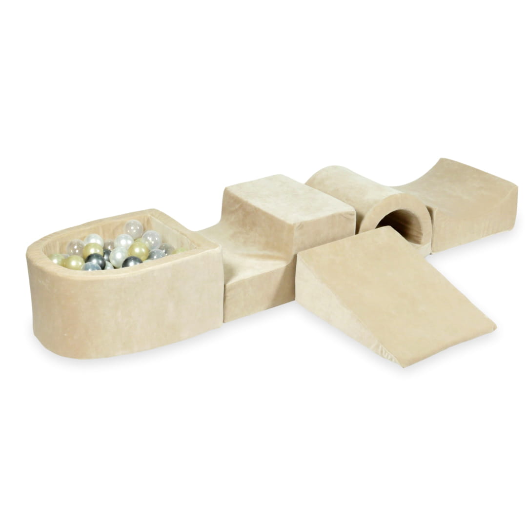 Ensemble de jeu en mousse avec pont et micro piscine velours beige doux avec balles 100 pièces (or clair, argent, perle, transparent)