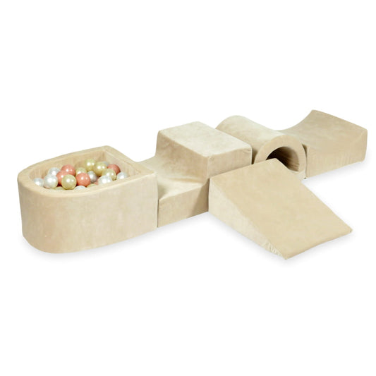 Ensemble de jeu en mousse avec pont et micro piscine velours beige doux avec balles 100 pièces (or rose, or clair, perle)