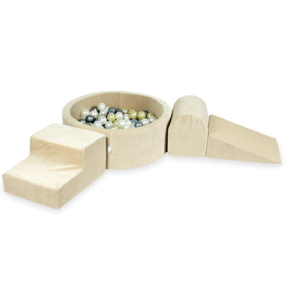 Ensemble de jeu en mousse avec piscine ronde 90x30 velours beige doux avec balles 200 pcs (or clair, argent, perle, transparent)