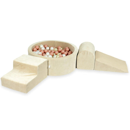 Ensemble de jeu en mousse avec piscine ronde 90x30 velours beige doux avec balles 200 pièces (or rose, or clair, perle)