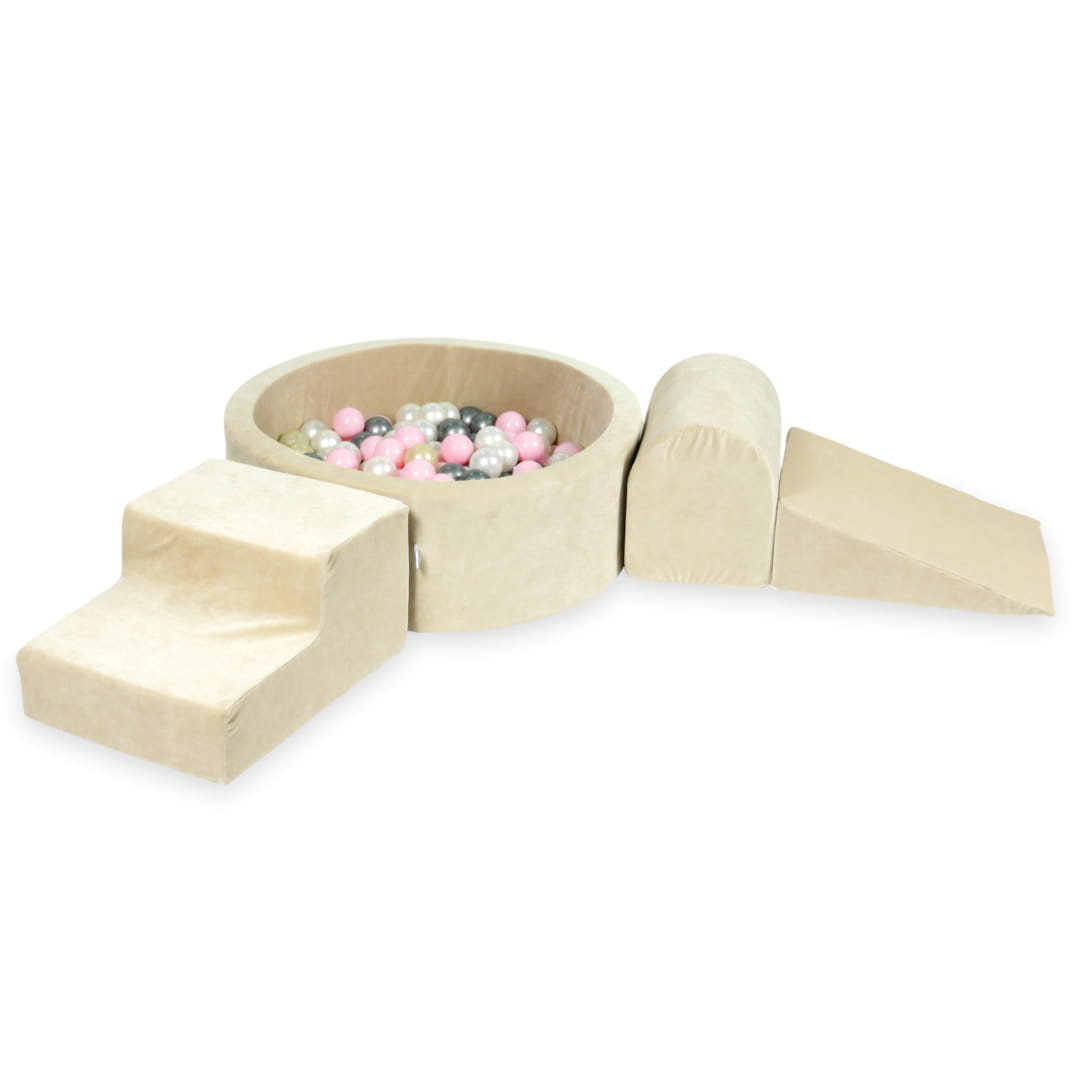 Ensemble de jeu en mousse avec piscine ronde 90x30 velours beige doux avec balles 200 pcs (rose clair, or clair, perle, argent)