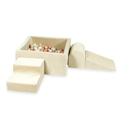 Ensemble de jeu en mousse avec piscine carrée 90x90x40 velours beige doux avec boules 400 pièces (or rose, or clair, perle)