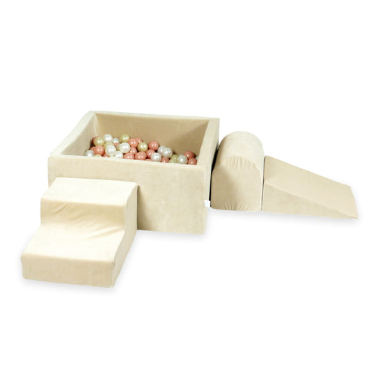 Ensemble de jeu en mousse avec piscine carrée 90x90x40 velours beige doux avec boules 400 pièces (or rose, or clair, perle)