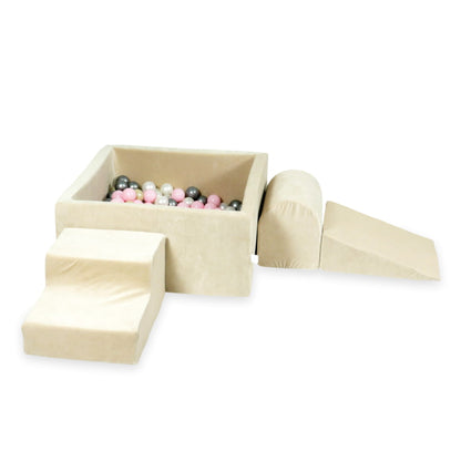 Ensemble de jeu en mousse avec piscine carrée 90x90x40 velours beige doux avec balles 400 pièces (rose clair, or clair, perle, argent)