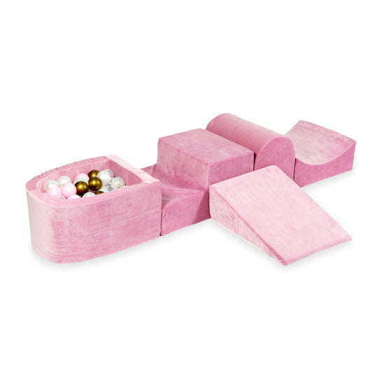 Ensemble de jeu en mousse avec colline et micro piscine velours rose tendre avec boules 100 pièces (vieil or, rose clair, perle, transparent)