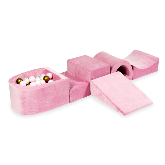 Jeu en mousse avec pont et micro piscine velours rose tendre avec boules 100 pièces (vieil or, rose clair, perle, transparent)