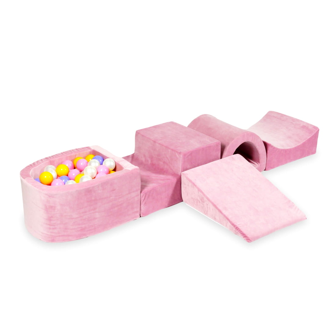 Ensemble de jeu en mousse avec pont et micro piscine velours rose tendre avec balles 100 pièces (bruyère, jaune, rose poudré, perle)