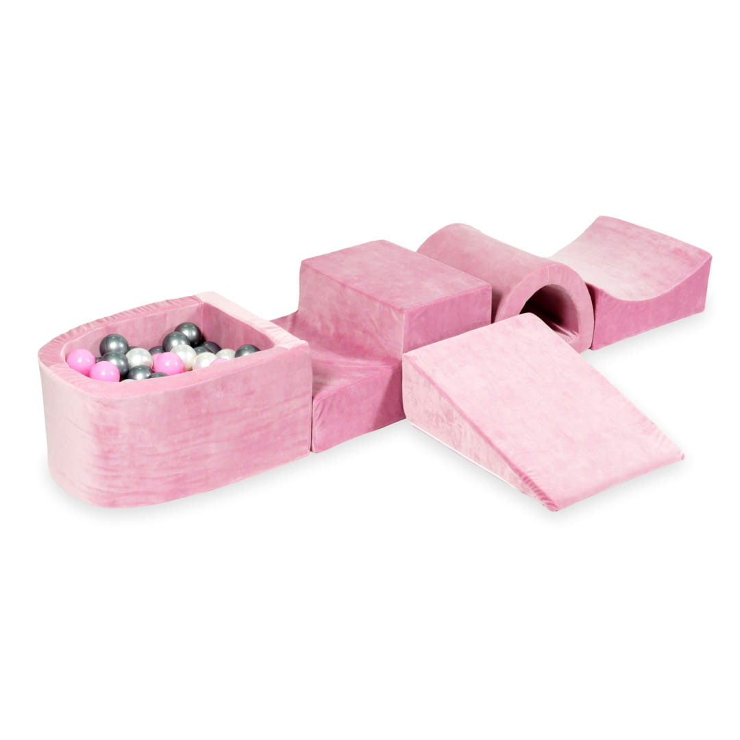 Ensemble de jeu en mousse avec pont et micro piscine velours rose tendre avec balles 100 pièces (perle, argent, rose poudré)