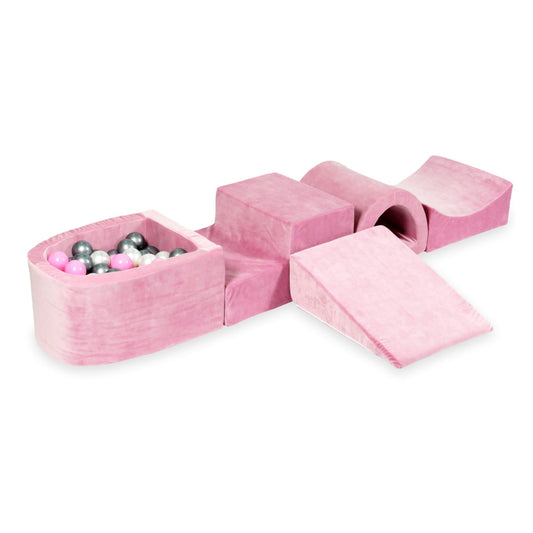 Ensemble de jeu en mousse avec pont et micro piscine velours rose tendre avec balles 100 pièces (perle, argent, rose poudré)