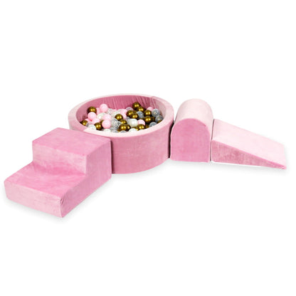 Ensemble de jeu en mousse avec piscine ronde 90x30 velours rose tendre avec balles 200 pcs (vieil or, rose clair, perle, transparent)