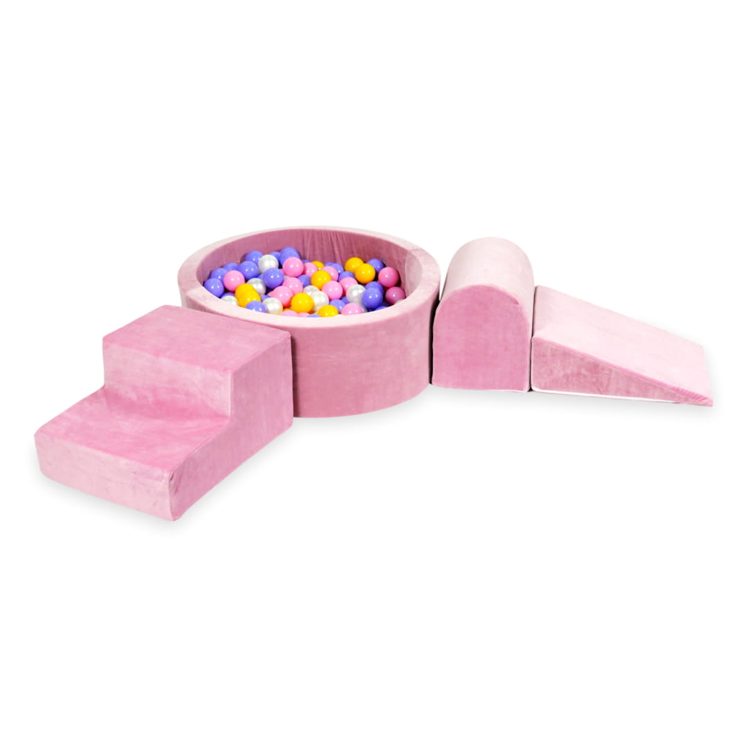 Ensemble de jeu en mousse avec piscine ronde 90x30 velours rose tendre avec balles 200 pcs (bruyère, jaune, rose poudré, perle)
