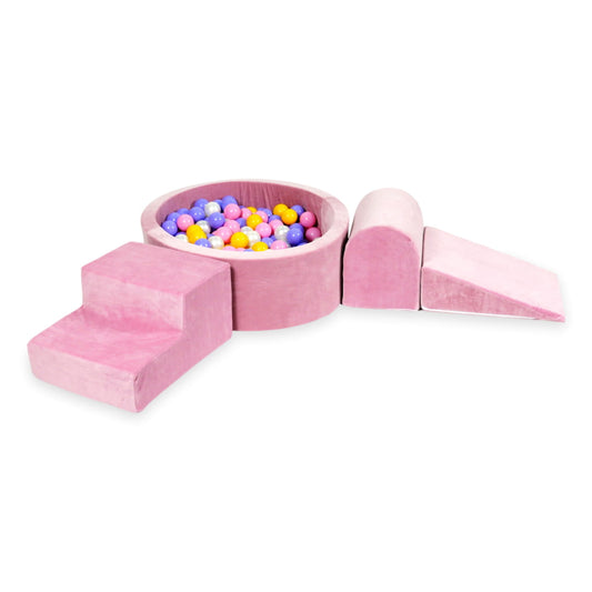 Ensemble de jeu en mousse avec piscine ronde 90x30 velours rose tendre avec balles 200 pcs (bruyère, jaune, rose poudré, perle)