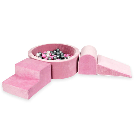 Ensemble de jeu en mousse avec piscine ronde 90x30 velours rose tendre avec balles 200 pcs (perle, argent, rose poudré)