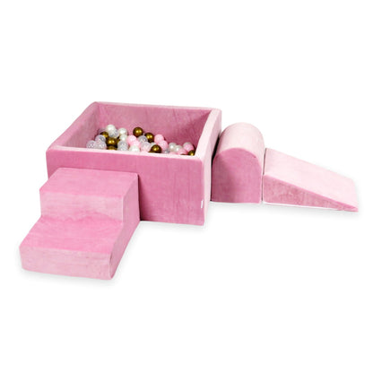 Ensemble de jeu en mousse avec piscine carrée 90x90x40 velours rose tendre avec boules 400 pcs (vieil or, rose clair, perle, transparent)
