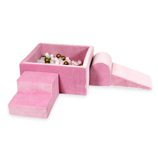 Ensemble de jeu en mousse avec piscine carrée 90x90x40 velours rose tendre avec boules 400 pcs (vieil or, rose clair, perle, transparent)