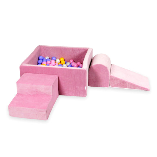 Ensemble de jeu en mousse avec piscine carrée 90x90x40 velours rose tendre avec balles 400 pcs (bruyère, jaune, rose poudré, perle)