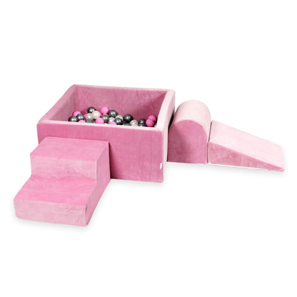 Ensemble de jeu en mousse avec piscine carrée 90x90x40 velours rose tendre avec balles 400 pcs (perle, argent, rose poudré)