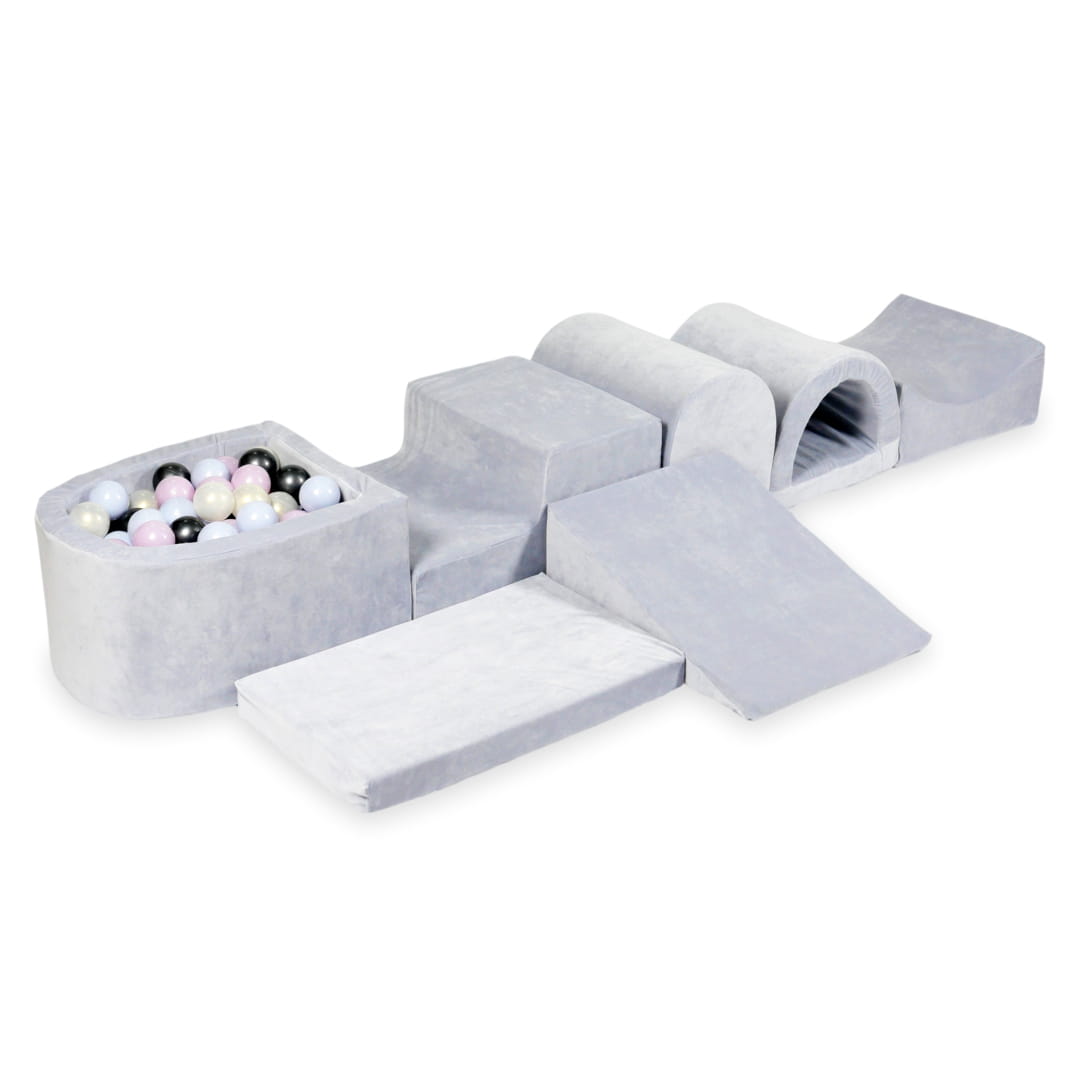 Aire de jeu en mousse avec micro piscine velours doux gris clair avec balles 100 pièces (perle bleu clair, perle rose, graphite métallisé. effet sirène)