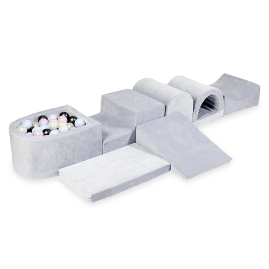 Aire de jeu en mousse avec micro piscine velours doux gris clair avec balles 100 pièces (perle bleu clair, perle rose, graphite métallisé. effet sirène)