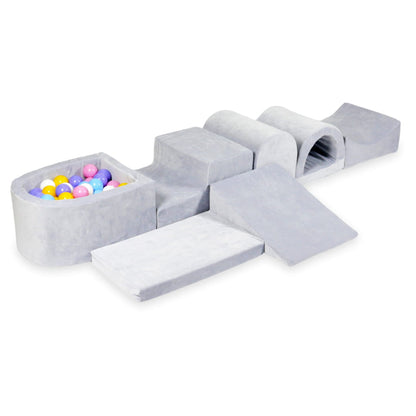 Aire de jeu en mousse avec micro piscine velours doux gris clair avec balles 100 pièces (bleu clair, jaune, chiné, rose poudré, blanc)