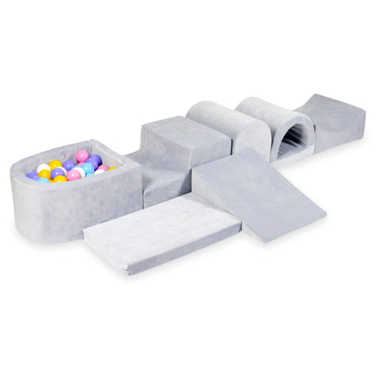 Aire de jeu en mousse avec micro piscine velours doux gris clair avec balles 100 pièces (bleu clair, jaune, chiné, rose poudré, blanc)