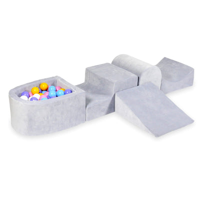 Jeu en mousse avec colline et micro piscine velours doux gris clair avec balles 100 pièces (bleu clair, jaune, chiné, rose poudré, blanc)