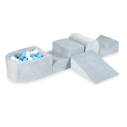Ensemble de jeu en mousse avec colline et micro piscine velours doux gris clair avec balles 100 pièces (gris, blanc, bleu clair, menthe clair)