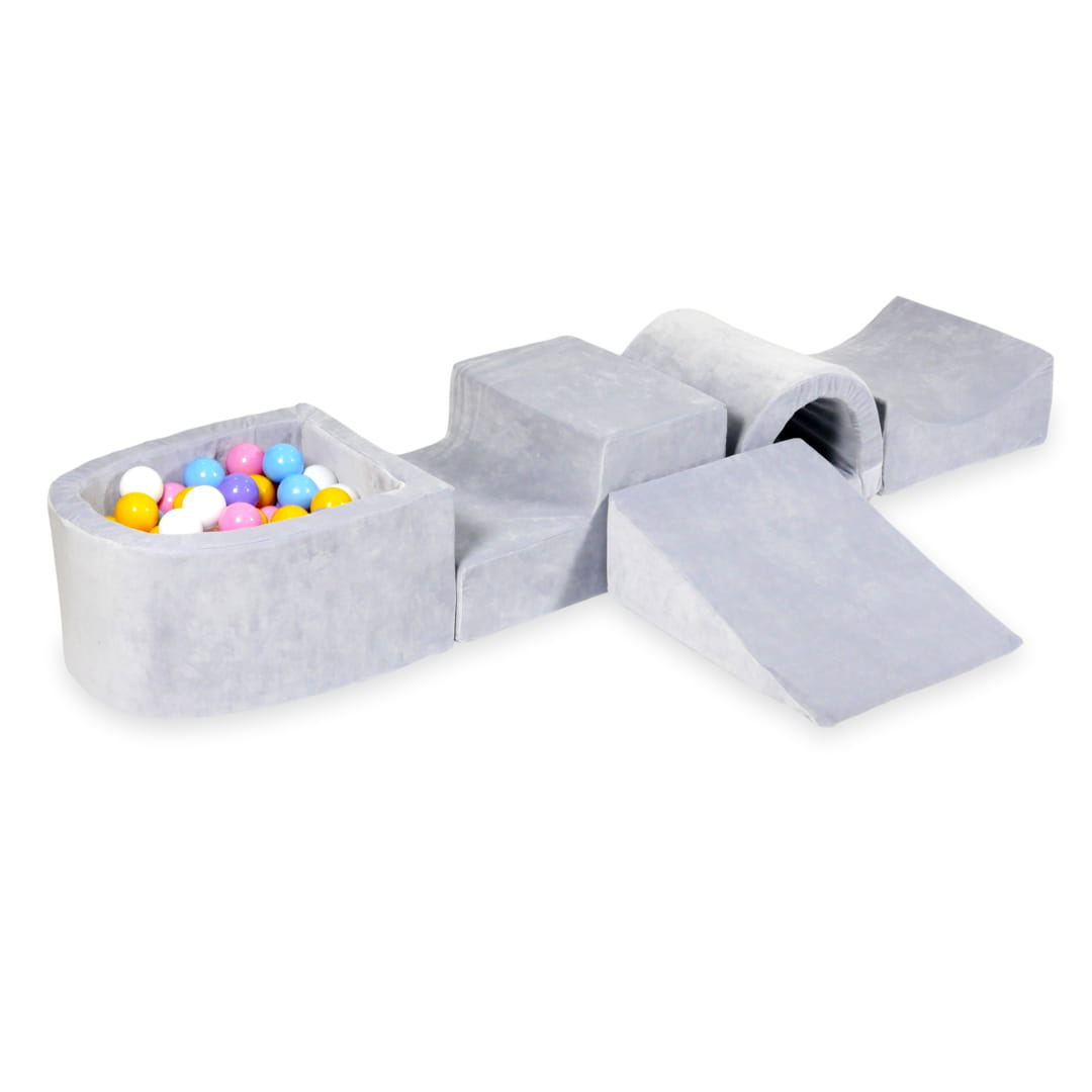 Jeu en mousse avec pont et micro piscine velours doux gris clair avec balles 100 pièces (bleu clair, jaune, chiné, rose poudré, blanc)