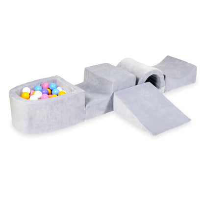 Jeu en mousse avec pont et micro piscine velours doux gris clair avec balles 100 pièces (bleu clair, jaune, chiné, rose poudré, blanc)