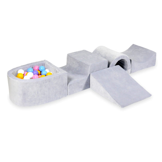 Jeu en mousse avec pont et micro piscine velours doux gris clair avec balles 100 pièces (bleu clair, jaune, chiné, rose poudré, blanc)