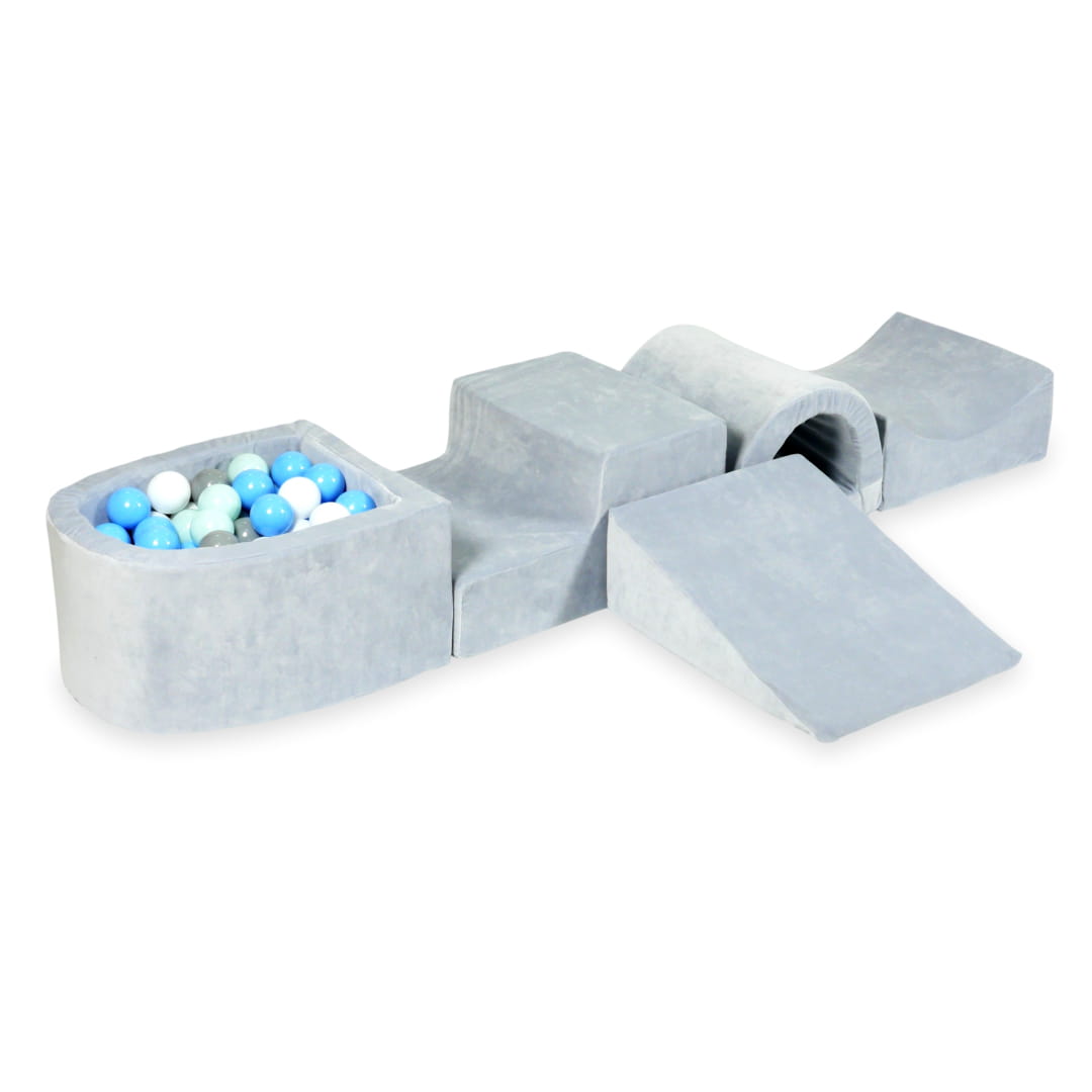 Ensemble de jeu en mousse avec pont et micro piscine velours doux gris clair avec balles 100 pièces (gris, blanc, bleu clair, menthe clair)