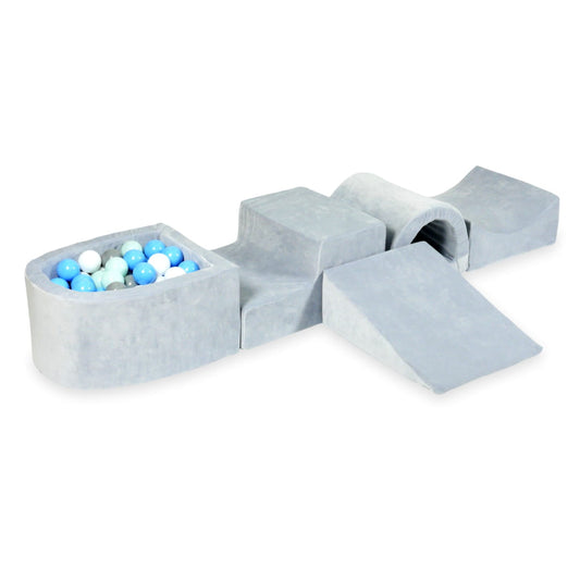 Ensemble de jeu en mousse avec pont et micro piscine velours doux gris clair avec balles 100 pièces (gris, blanc, bleu clair, menthe clair)