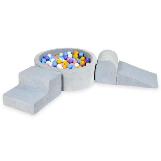 Ensemble de jeu en mousse avec piscine ronde 90x30 velours doux gris clair avec balles 200 pcs (bleu clair, jaune, chiné, rose poudré, blanc)