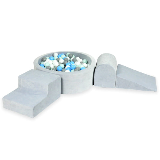Ensemble de jeu en mousse avec piscine ronde 90x30 velours doux gris clair avec balles 200 pièces (gris, blanc, bleu clair, menthe clair)