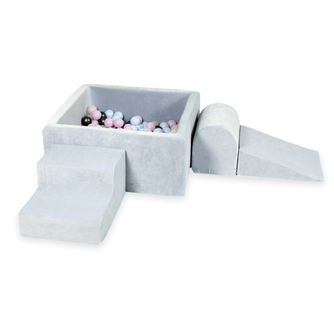 Ensemble de jeu en mousse avec piscine carrée 90x90x40 velours doux gris clair avec balles 400 pièces (perle bleu clair, perle rose, graphite métallisé. effet sirène)
