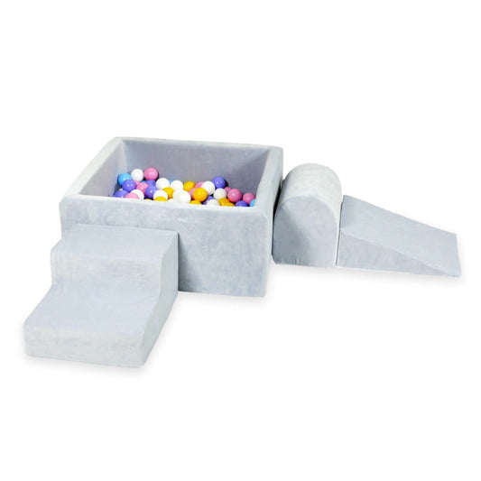 Ensemble de jeu en mousse avec piscine carrée 90x90x40 velours doux gris clair avec balles 400 pcs (bleu clair, jaune, chiné, rose poudré, blanc)