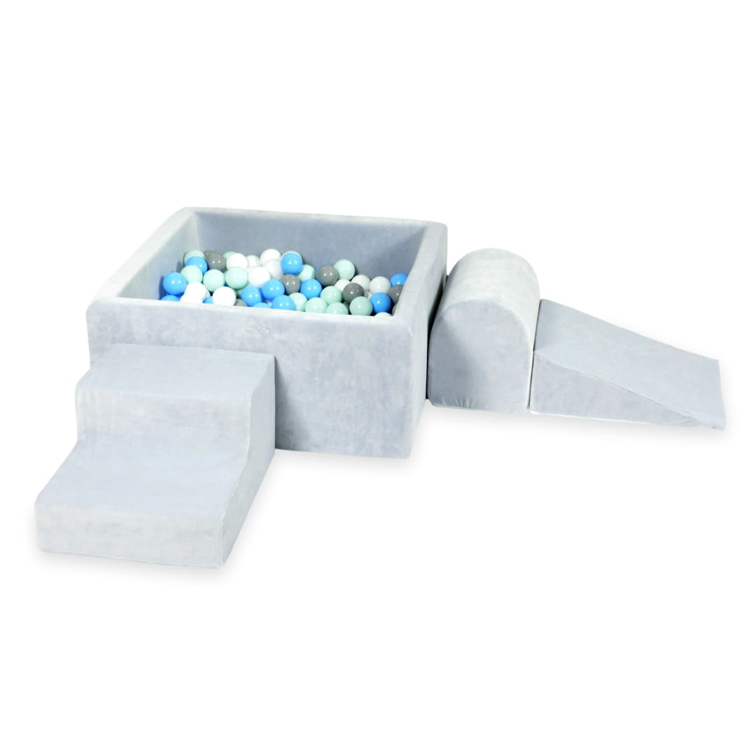 Ensemble de jeu en mousse avec piscine carrée 90x90x40 velours doux gris clair avec balles 400 pièces (gris, blanc, bleu clair, menthe clair)