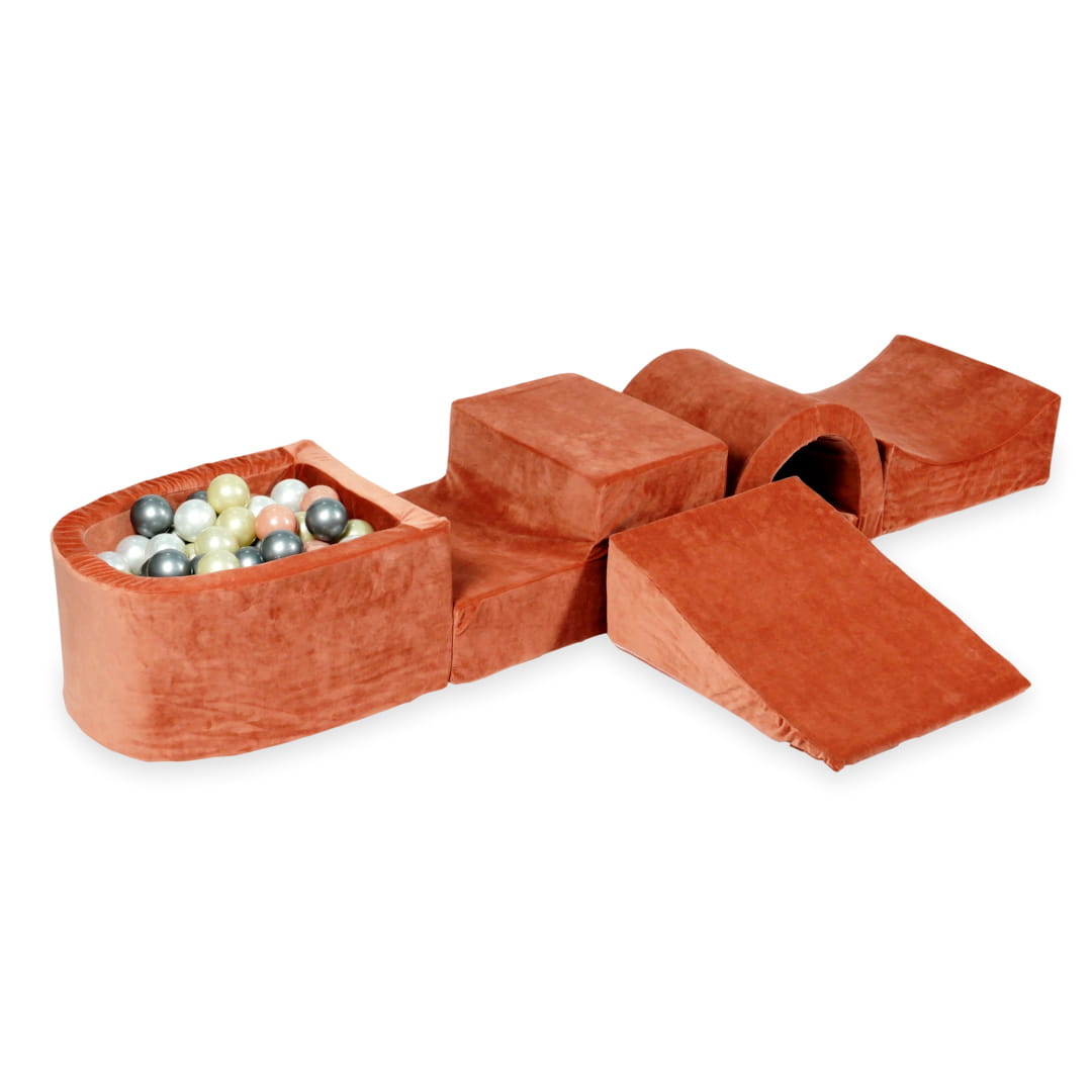 Ensemble de jeu en mousse avec pont et micro-piscine en velours doux canyon avec balles 100 pièces (or clair, or rose, argent, perle)